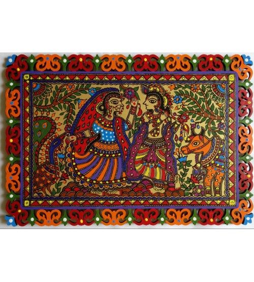 Madhubani Painting Depicting Krishna Playing Flute and Radha Dancing, Hand Painting, Modern Art, Horizontal Mounting 
